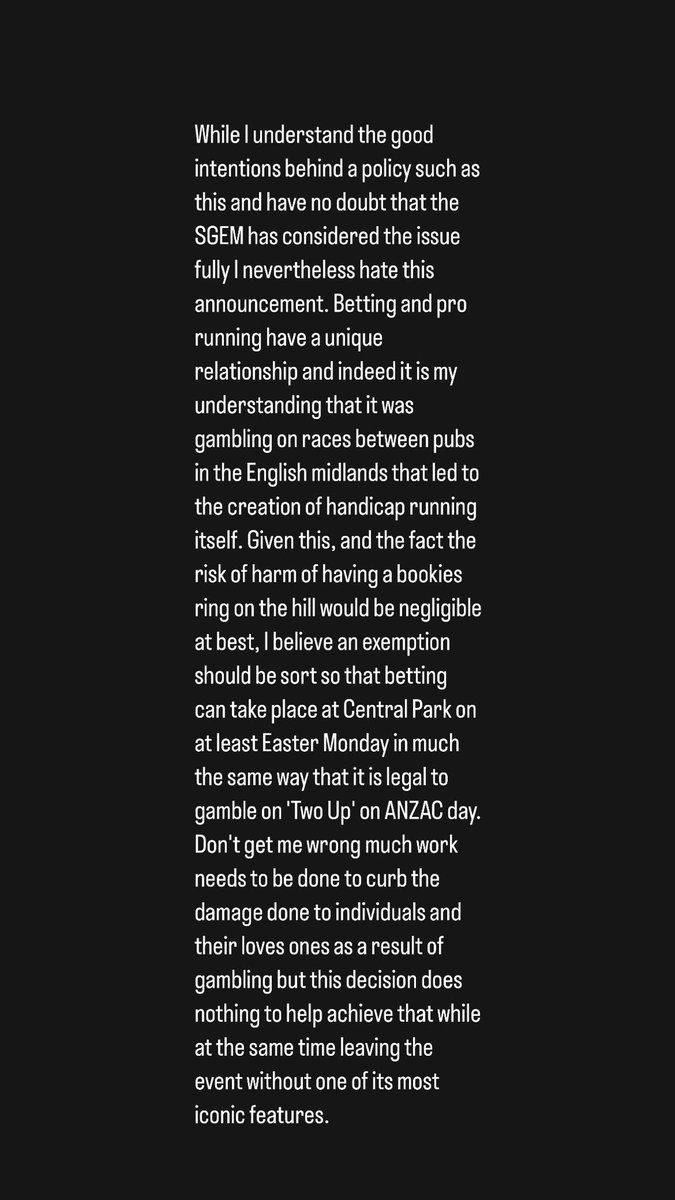 LukeVersace's tweet image. This is a regrettable decision &amp;amp; needs reconsidering. An exemption should be made so that bookies can be take bets on the @Stawell_Gift at Central Park on Easter Monday in the same way gambling on Two Up is permitted on ANZAC day. History matters &amp;amp; it should be preserved here.