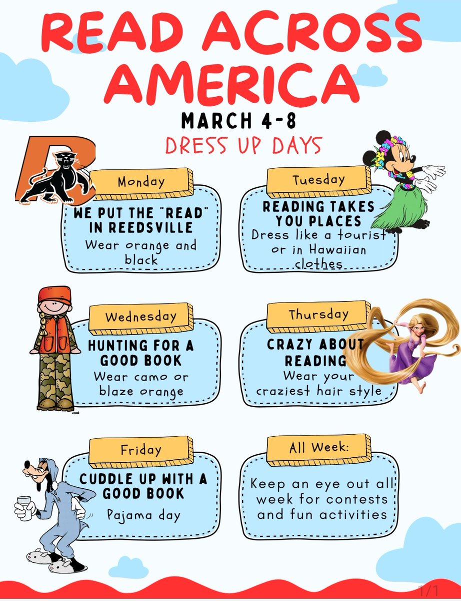 tkane627's tweet photo. Help celebrate Read Across America week at the Elementary School next week by joining in on our dress up days! #reedsvillesd https://t.co/a0o85R2eKh