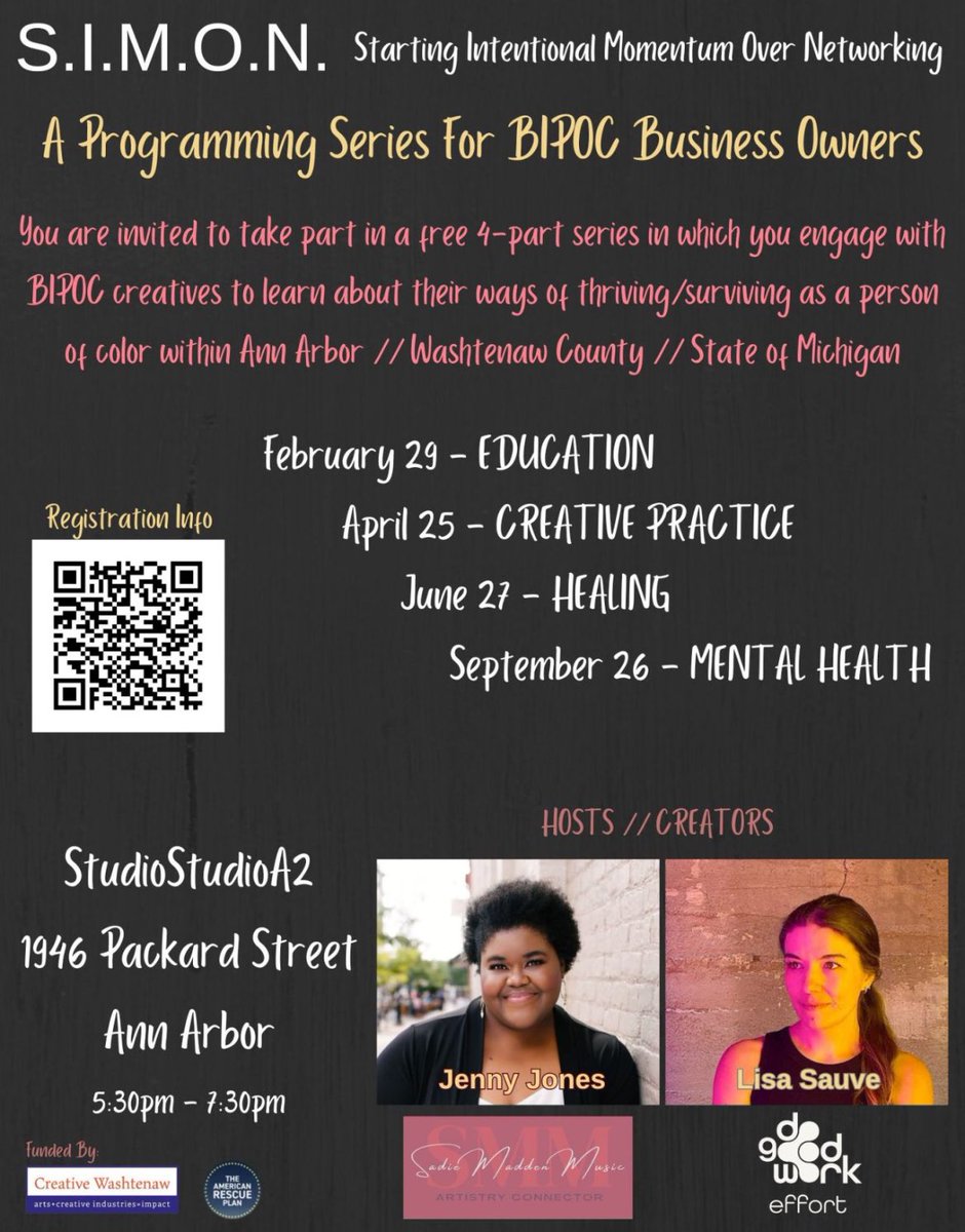 dogoodworkorg's tweet image. Tomorrow is the launch of SIMON at @StudioStudioA2 , a series of events to support business owners of color in Washtenaw County through intentional and creative connections. JOIN US!

Thanks to #a2council for the dedicated ARPA funds facilitated by @CreativeWashten