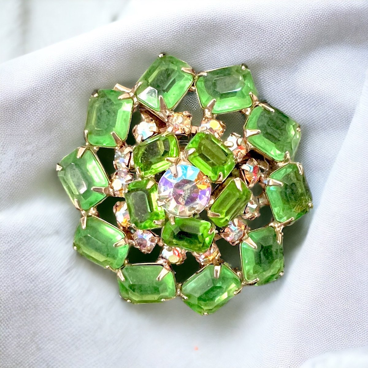 Frosted Green & AB Rhinestone Brooch Open Back Emerald Cut Green Stones Golden AB Chatons Soft GT Slightly Domed Gift for Her #FrostedGreenStones #RhinestoneBrooch 
$28.00
➤ etsy.com/listing/167054…