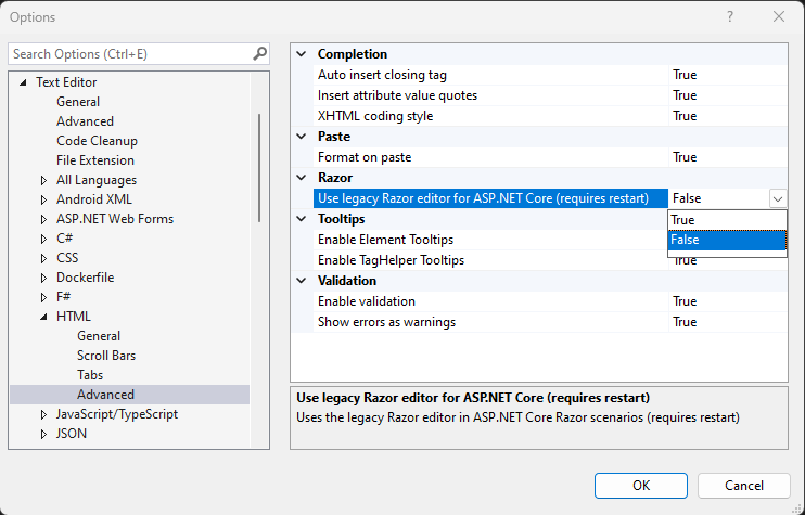 Hey ASP.NET Core &amp; Blazor devs, are you possibly still using the *legacy* Razor editor in Visual Studio?😱 Switch the "Use legacy Razor editor for ASP.NET Core" setting to False to get the latest Razor editor features &amp; improvements!