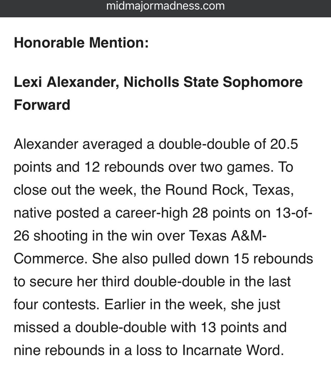 High praise for Lexi Alexander via <a href="/mid_madness/">Mid-Major Madness</a>