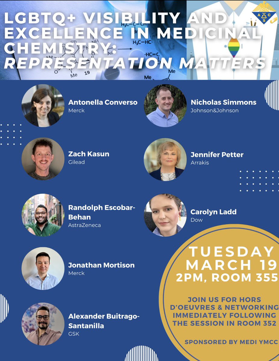 Join us at #ACS New Orleans for this amazing event! We have a great lineup of speakers and food/refreshments afterwards. Come celebrate LGBTQ+ excellence in medicinal chemistry 🌈