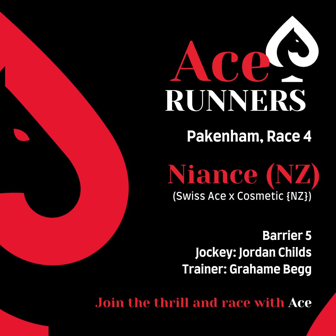 ♠️ Ace-owned Niance (Swice Ace x Cosmetic {NZ}) resumes from a long break and makes her Australian debut in Race 4 @PakenhamRacing tonight. 

Best of luck to <a href="/Grahame_Begg/">Grahame Begg Racing</a> and all our members! 

#RaceWithAce #JoinTheThrill