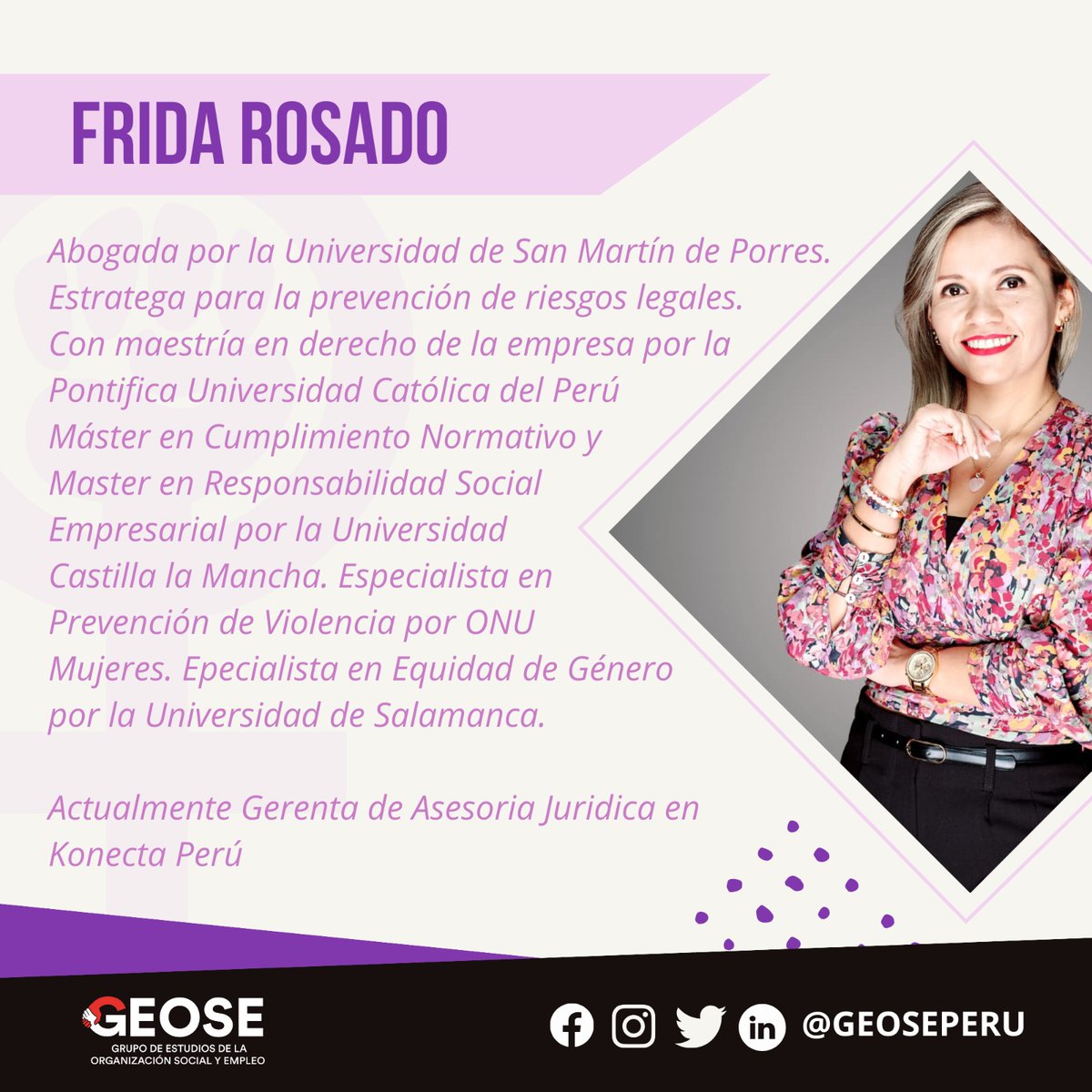 GeosePeru's tweet photo. [PUBLICACIÓN - RELATOS DE ABOGADAS LABORALISTAS] 👩🏻‍⚖️📖

Frida Rosado es una de las destacadas abogadas que forman parte de este gran proyecto ⚖️

¡Conoce más de la publicación de "Relatos de Abogadas Laboralistas" en el evento de presentación! https://t.co/h36VdxKMVa