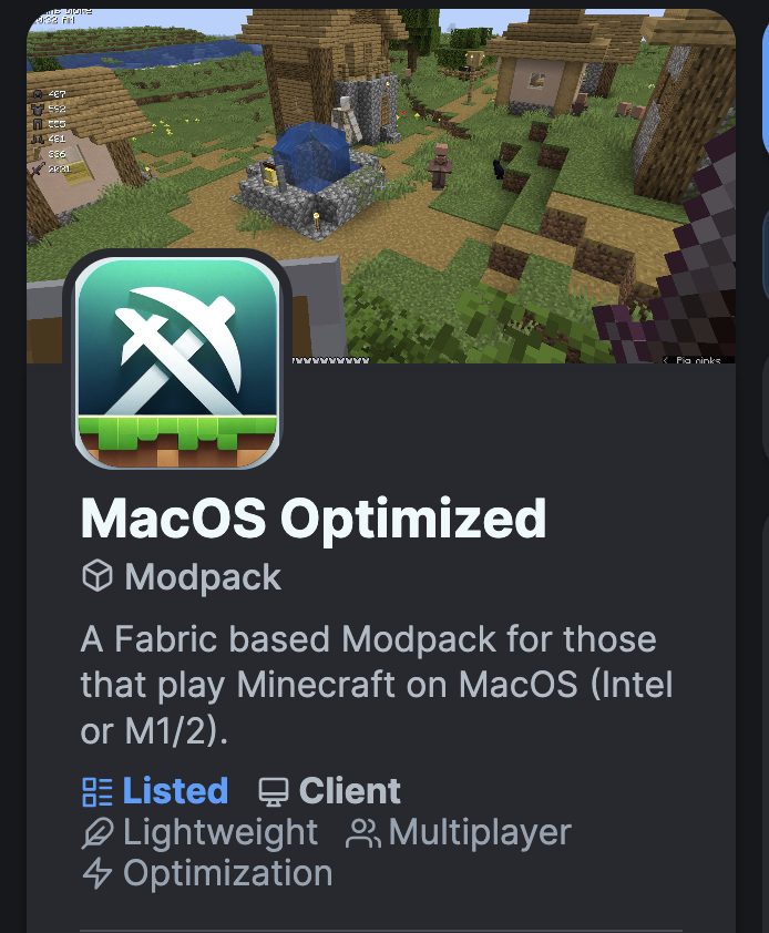 This is so cool! My #Minecraft modpack for #MacOS players is officially listed on modrinth! 🎉 ⛏️

modrinth.com/modpack/macos-…