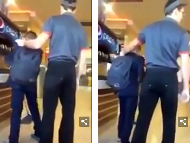 olala2k9's tweet photo. 🚨Context/details🚨

A Burger King worker has been arrested after he was filmed slapping a school boy and forcing him to mop the floor because he spilled his drink.

The incident happened in Kursk in western Russia's Kursk Oblast region.
The unnamed ex-Burger King employee apparently told police who questioned him that 'he wanted to teach the boy and his friends a lesson, but he did not know his own strength.'

The man told detectives: 'I just wanted to teach him a lesson, that is all. They were constantly coming into the restaurant and misbehaving.
'They have been causing problems for us for a year. They ignored our requests to behave themselves, we tried to do something but it was always in vain.'

Police spokesman Sergey Ruzhitskiy confirmed: 'The policemen are checking the circumstances.'
It was also revealed that the man could be charged with causing injuries to a minor after he allegedly hit the boy in the face.

Earlier it was reported that the unnamed man was sacked shortly after his superiors saw the video which shows him grabbing the boy who allegedly spilled his drink on the floor, hitting him, and making him use a mop to clean up the mess.

The employee can be heard saying: 'You, take the mop!'
The boy says: 'I am going to tell my father and the police. The police will put you in jail.'
The Burger King employee then responded by starting to hit the schoolboy in the face.

The kid was forced to obey and started cleaning, saying: 'Ok, I am cleaning the floor.'

Laughter can be heard in the background. The Burger King worker then shouts at those who are laughing saying: 'Keep your mouths shut!'
After the youngster had been suitably punished, the employee then grabbed another boy and forced him to continue the 'cleaning'.
The unname eyewitness who filmed the video said: 'The boys were messing around and spilled the cola all over the floor. Then this guy came and made them clean up what they did.' 

🚨 I'm dedicated to enriching social media posts by adding much-needed context. Follow me for posts that are clearer and include comprehensive background details