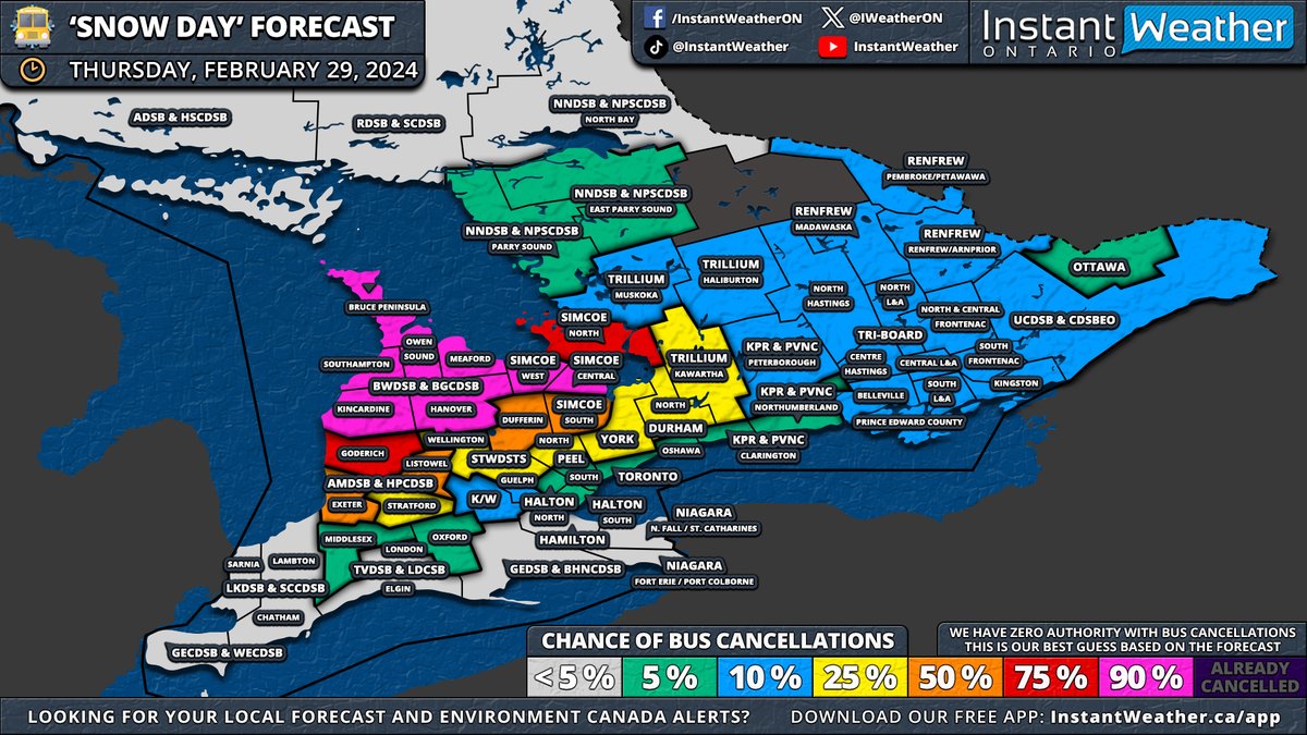 #ONStorm #ONwx 🚌 ‘Snow Day’ Forecast: Snow Squalls Likely to Cancel School Buses in Parts of Southern Ontario on Thursday

📅 Thursday, February 29, 2024

⤵️ VIEW TOMORROW'S FORECAST HERE ⤵️
🔗 instantweatherinc.com/ontario/foreca…

- Brennen

Disclaimer: Instant Weather has zero authority