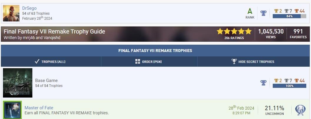 TheSego's tweet image. Plat # 29 Final Fantasy VII Remake. Just a couple hours before Rebirth to look at that timing! Might go through the Yuffie dlc quick but no way I'll 100% right now. #FinalFantasyVII #PlayStation5