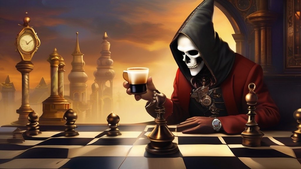 Savoring the Souls: Death Unwinds with a Cup of Immortal Coffee, Crafting Checkmate Strategies in the Twilight Hour. #Chess #QueensofChess #chesspieces #Coffee #chesstournament