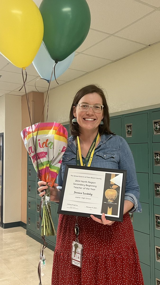 sdpbcESP's tweet photo. Join us in celebrating our Beginning Teacher of the Year (BToY) for the North Region (Secondary), Jessica Levitsky! It was a pleasure to honor you with your Warrior Family. #ESP24 #catchthewave @jupiter_high @pbcsd @SDPBCProfDev https://t.co/DIN4AJvfmm