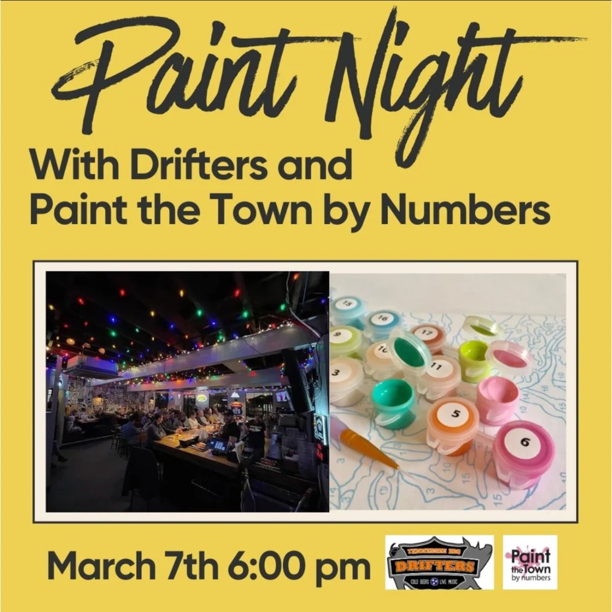 Join us for a Paint Party at Drifters on Thu, Mar 7, 6:00 PM - 7:30 PM! Ticket includes a paint kit and guidance from Camilla. Stay for drinks, food, and fun until 10:00 PM. See you there!

Tickets here: t.dostuffmedia.com/t/c/s/114185