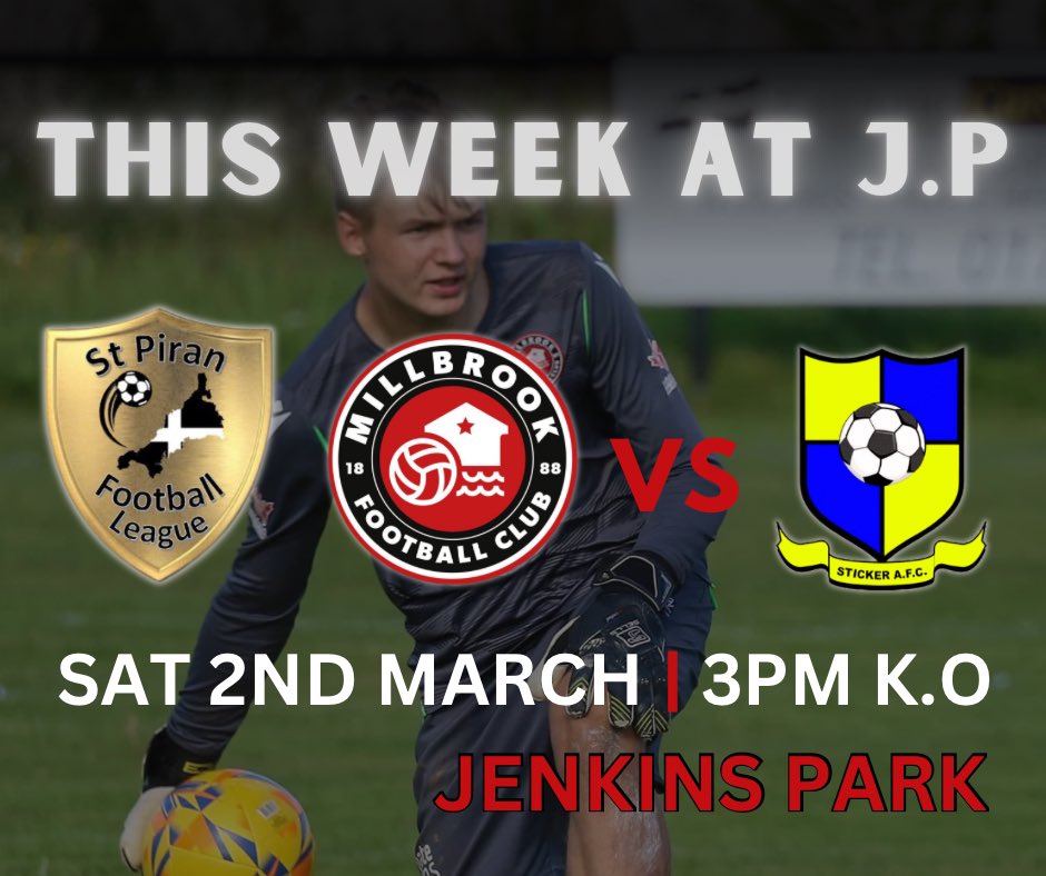 <a href="/MillbrookRes/">Millbrook FC Reserves</a> @StickerAFC2 <a href="/StPiranLeague/">Kernow Stone St Piran League</a> 
 While our 1st team are away in Bristol against Oldland Abbotonians, we have our Reserves at Home who welcome Sticker AFC to Jenkins Park. 
🖤🤍upthebrook