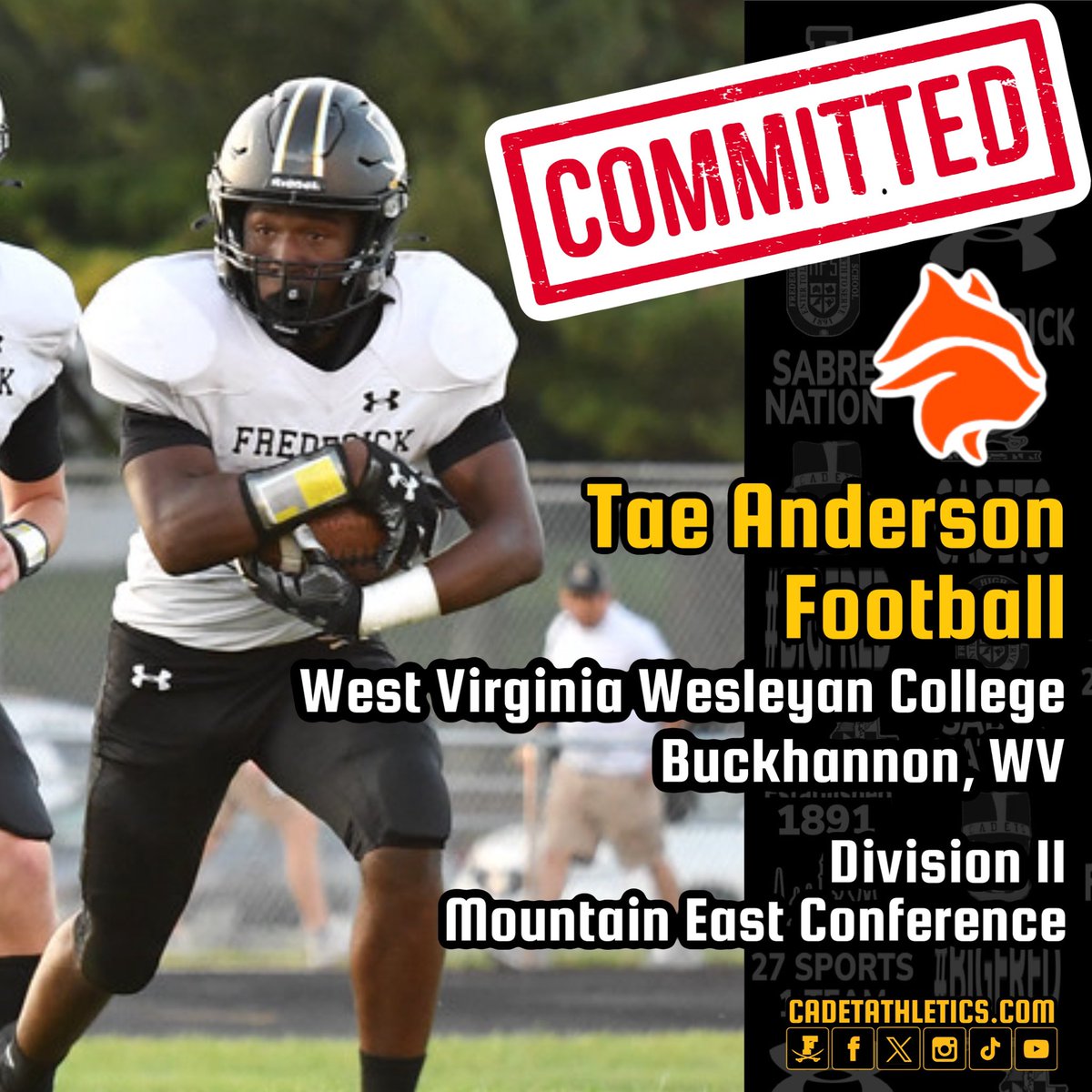 ⚡️Cadetathletics.com Breaking News⚡️
💍Commitment Alert💍

Cadet senior Tae Anderson, Frederick High’s All-Time Total Touchdown leader commits to Divison II West Virginia Wesleyan College of the Mountain East Conference.

⚔️ | #BigFred | ⬛️🟨 | #ProtectTheParkway