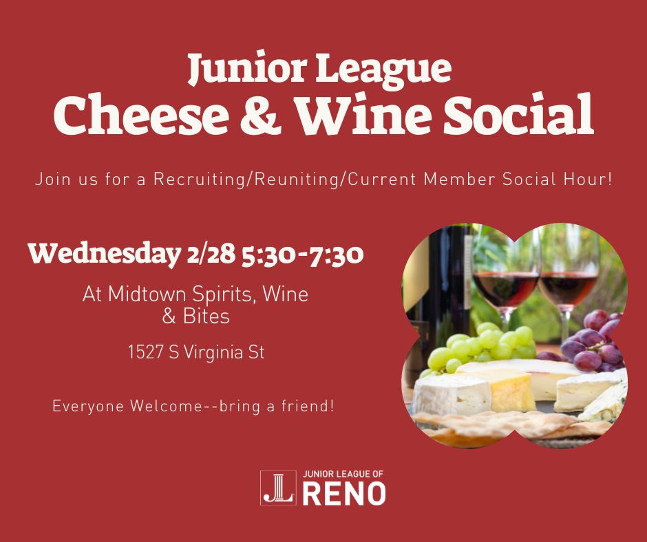 JLRenoNV's tweet photo. We've put together a cheese &amp; wine social tonight at Midtown Spirits, Wine &amp; Bites! Sample some delicious pairings as we welcome current, past, and future members to see what Junior League's been up to lately. Come by after work to mingle! 🍷 https://t.co/LkgiiEua6s https://t.co/7p2HM8VKTq
