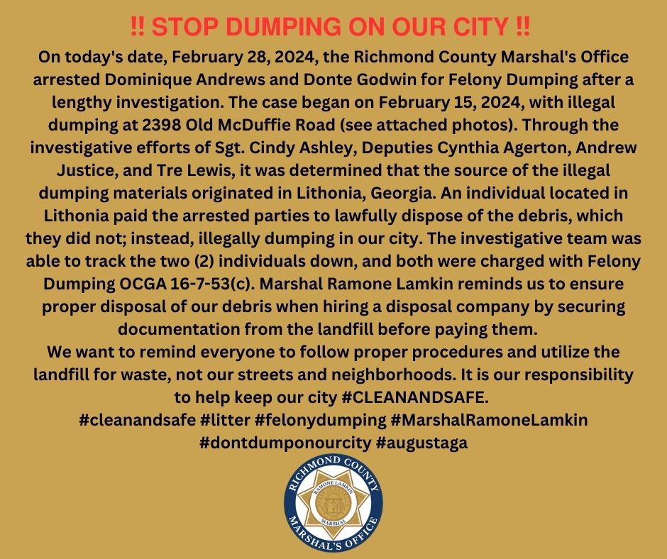 rcmarshals's tweet photo. ‼️ 𝗦𝗧𝗢𝗣 𝗗𝗨𝗠𝗣𝗜𝗡𝗚 𝗢𝗡 𝗢𝗨𝗥 𝗖𝗜𝗧𝗬 ‼️
We want to remind everyone to follow proper procedures and utilize the landfill for waste, not our streets and neighborhoods. It is our responsibility to help keep our city #CLEANANDSAFE.
#felonydumping #MarshalRamoneLamkin https://t.co/fRvn5fyAcP