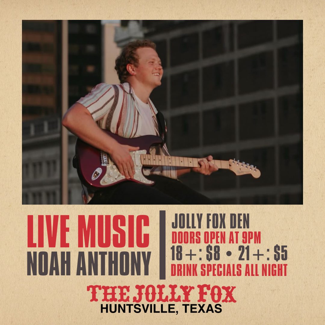 LIVE MUSIC TONIGHT! 🎸
Come hangout with us at the Jolly Fox tonight for music by Noah Anthony! 🎶 We have drink AND food specials ALL night long! 🔥 Don’t miss out on a bangin time tonight! 🎉 List of specials are available on our story! 🍻