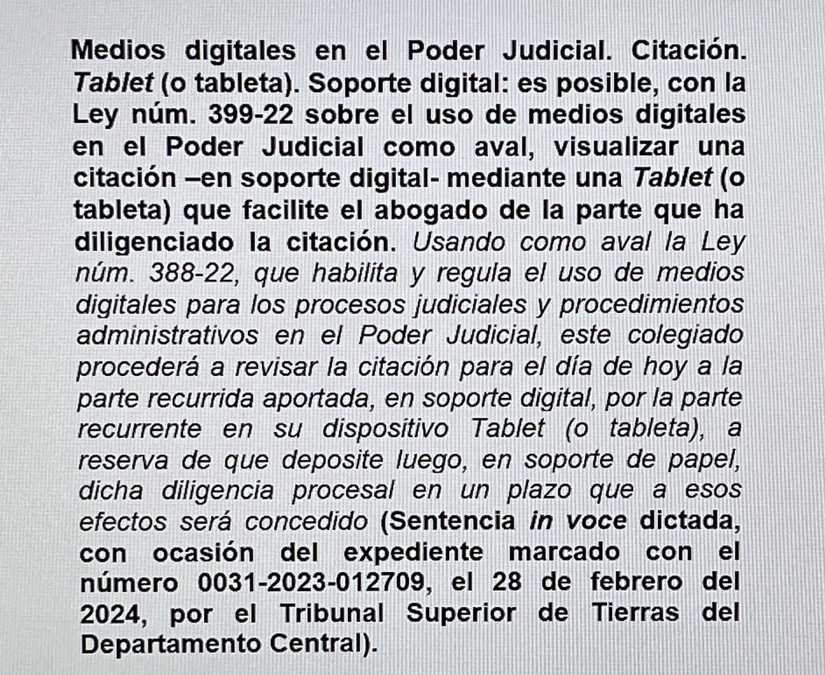 Yoaldo (@yoaldohp) on Twitter photo JI. MEDIOS DIGITALES. LEY 399-22. CITACIÓN. TABLETA. Con base en la Ley 399-22, que habilita los medios digitales en el Poder Judicial, es posible visualizar una citación —en soporte digital— mediante una tablet (o tableta), a reserva de depositarla luego en soporte de papel. JI. MEDIOS DIGITALES. LEY 399-22. CITACIÓN. TABLETA. Con base en la Ley 399-22, que habilita los medios digitales en el Poder Judicial, es posible visualizar una citación —en soporte digital— mediante una tablet (o tableta), a reserva de depositarla luego en soporte de papel.