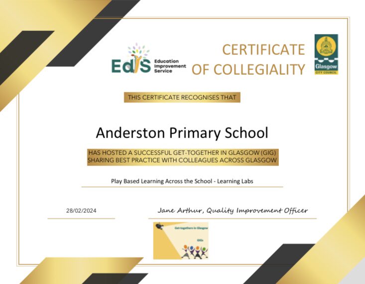 Jane_Arthur_'s tweet photo. Congratulations @AnderstonPS 🌟 Your certificate of #collegiality is on its way to you in appreciation of you hosting your first GIG tonight all about #playbasedlearning P1-7 #learninglabs #skills #TowardsBetterFutures @TBF_Glasgow @EdISGlasgow @Doug_GCC @JeanMil09459364 👍🏼😃 https://t.co/j6tWlZ0YjR