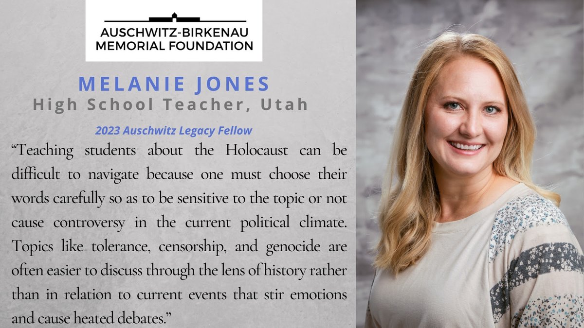 Meet Melanie Jones, our 2023 #Auschwitz Legacy Fellow of the week. When asked why she applied for the Auschwitz Legacy Fellowship, she said, “I wanted to learn more about the #Holocaust to be a better teacher for my students. The best teachers are always learning. The Fellowship…