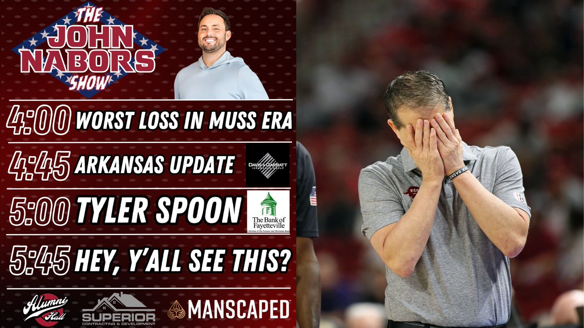 Big Show, Let's Go!

Worst Loss In Muss Era?

Arkansas Update - D&amp;G Insurance

<a href="/tyler_spoon/">Tyler Spoon</a> - Bank of Fayetteville

Hey Yall See This?
