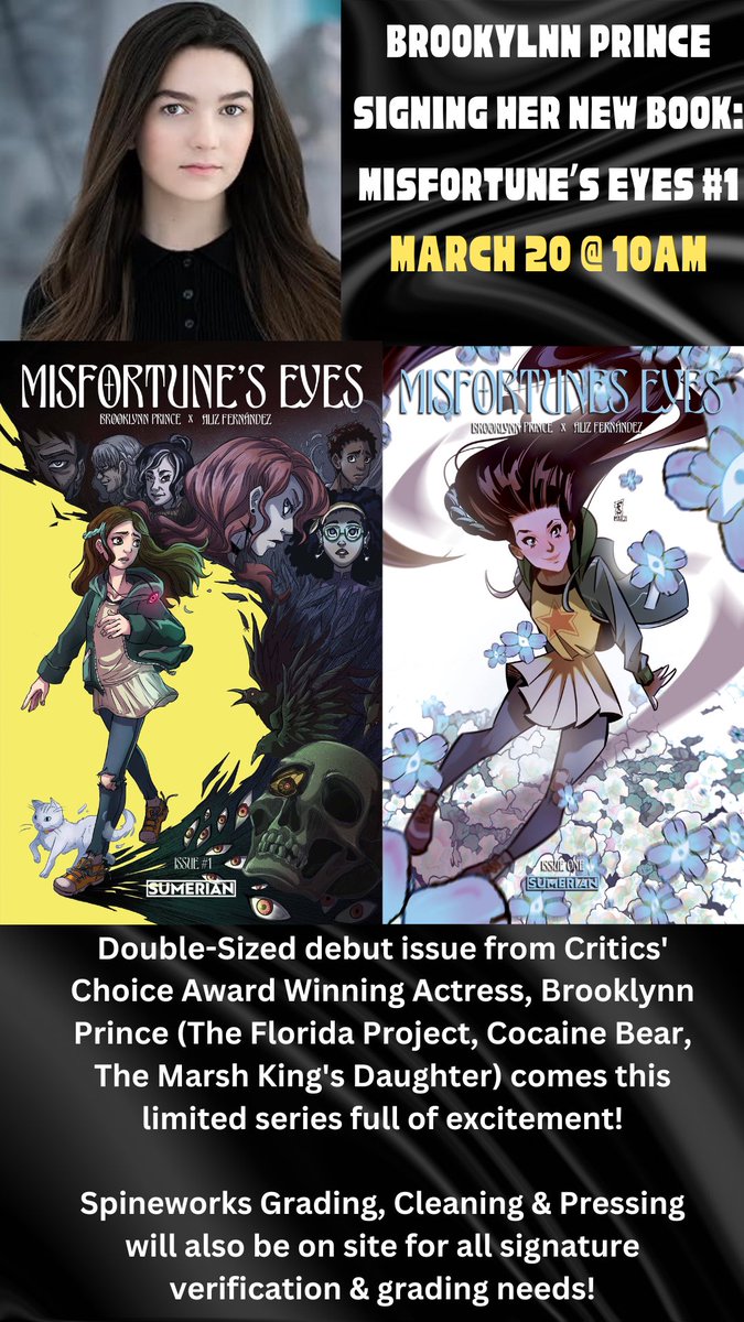 Acme_Superstore's tweet image. In-store signing w/ @brooklynnprince on March 20 @ 10am! Double-Sized debut issue from Critics' Choice Award Winning Actress, Brooklynn Prince (The Florida Project, Cocaine Bear) comes this limited series full of excitement!

Spineworks will be on site for all CGC grading needs!