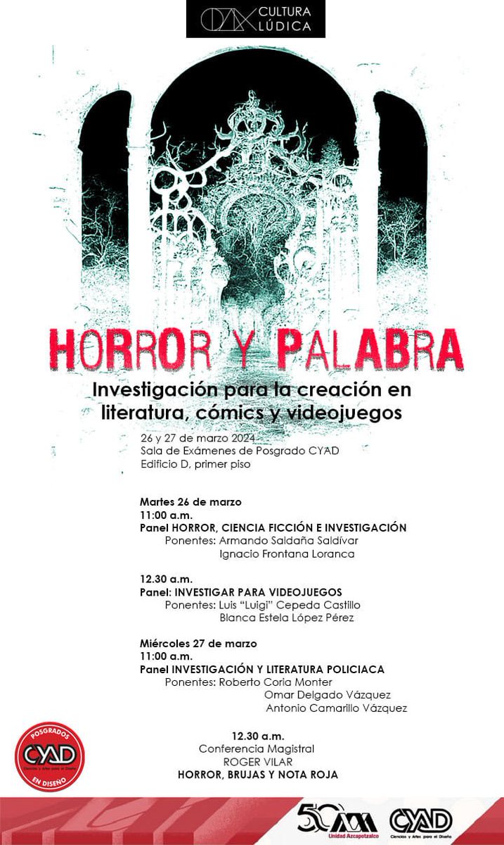 DarkTalesGame's tweet image. 𝗖𝗢𝗡𝗤𝗨𝗜𝗦𝗧𝗔𝗡𝗗𝗢 𝗘𝗦𝗣𝗔𝗖𝗜𝗢𝗦
— 𝙚𝙡 𝙝𝙤𝙧𝙧𝙤𝙧 / 𝙡𝙤𝙨 𝙫𝙞𝙙𝙚𝙤𝙟𝙪𝙚𝙜𝙤𝙨 𝙨𝙤𝙣 𝙘𝙪𝙡𝙩𝙪𝙧𝙖 —
¡ENTRADA GRATIS!
Esta vez en UAM-A, compartiendo escenario con la autoridad nacional en temas de horror videolúdico, la Dra. Blanca López @NuclearWolf79