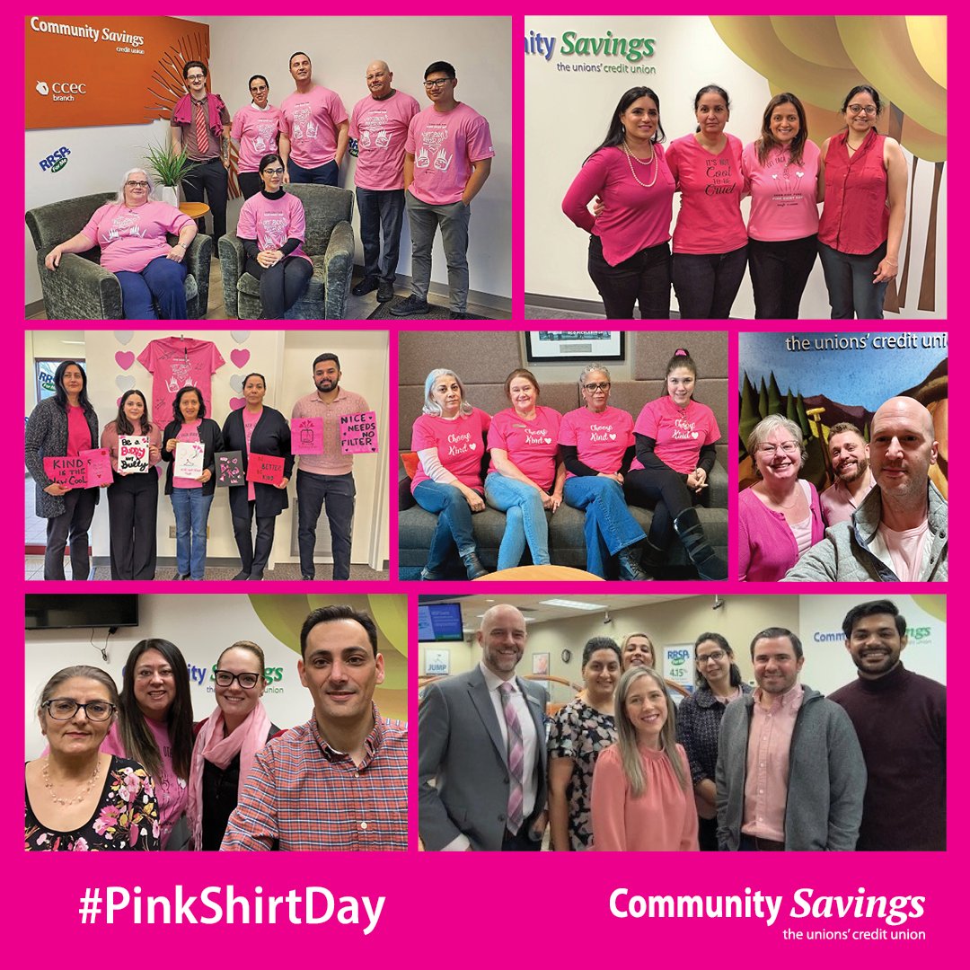 Community Savings is embracing #PinkShirtDay and its efforts to encourage and practice kindness. We are proudly wearing pink to help promote that bullying will not be tolerated.

#PinkShirt #LiftEachOtherUp #socialpurpose