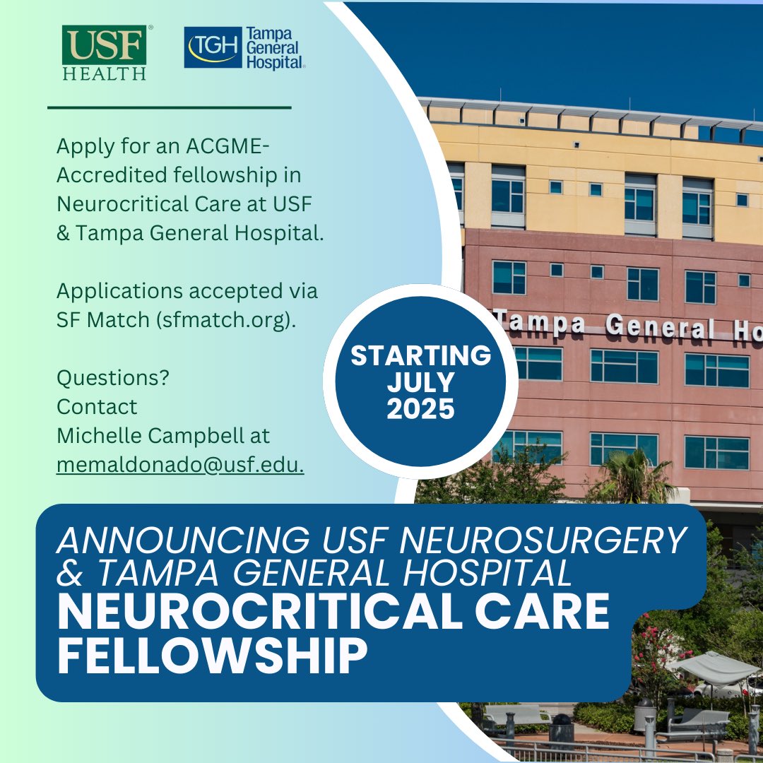 University of South Florida Neurosurgery (@usfneurosurgery) on Twitter photo We are excited to announce our new ACGME-Accredited fellowship in Neurocritical Care at <a href="/USFHealthMed/">USF Health Medicine</a> and <a href="/TGHCares/">Tampa General Hospital</a>! Recruiting for July 2025. Apply via SFMatch.org. 🤘🙌#neurocriticalcare #neurocriticalcarefellowship #criticalcare #fellowshipopportunity We are excited to announce our new ACGME-Accredited fellowship in Neurocritical Care at <a href="/USFHealthMed/">USF Health Medicine</a> and <a href="/TGHCares/">Tampa General Hospital</a>! Recruiting for July 2025. Apply via SFMatch.org. 🤘🙌#neurocriticalcare #neurocriticalcarefellowship #criticalcare #fellowshipopportunity