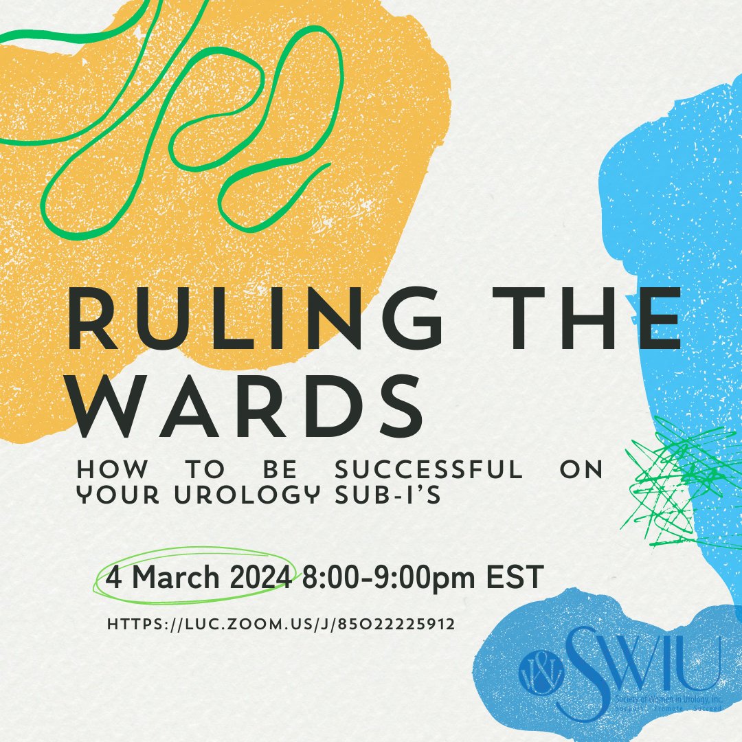 Attention SWIUdents! Want to know how to crush your sub-I's in urology? SWIUdents is hosting a webinar with matched M4 students who will be sharing their strategies on how to be successful during your aways! When: March 4 @ 8pm EST Where: luc.zoom.us/j/85022225912 See you there!