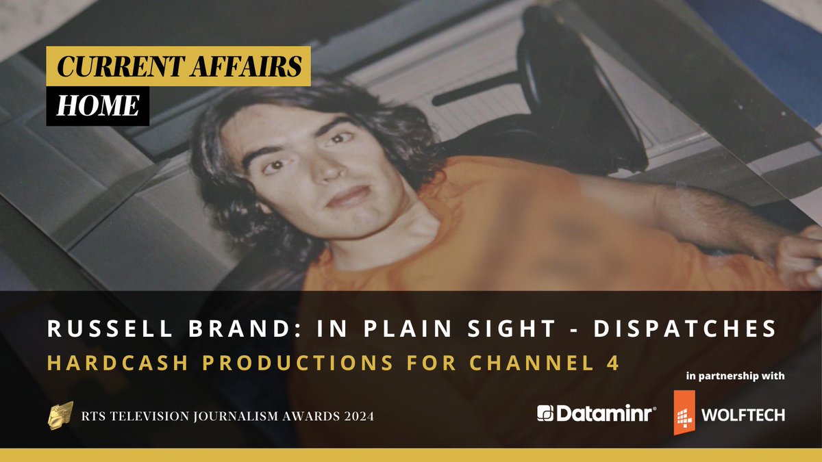 .@HardcashProd goes home with the Current Affairs – Home award for Russell Brand: In Plain Sight, which aired on @Channel4 as part of @C4Dispatches. “It was a brilliantly told story which had real impact,” the jury said. #RTSAwards