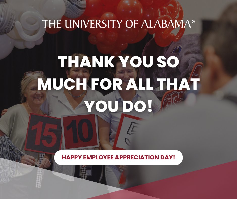 🤩 Happy Employee Appreciation Day! 🐘 We recognize all of your hard work and dedication and are honored to have you as a part of the UA family.

Take the next step in your career by visiting careers.ua.edu.

#UAJobs #rolltide #UA #NowHiring #Work4UA #jobs4vets