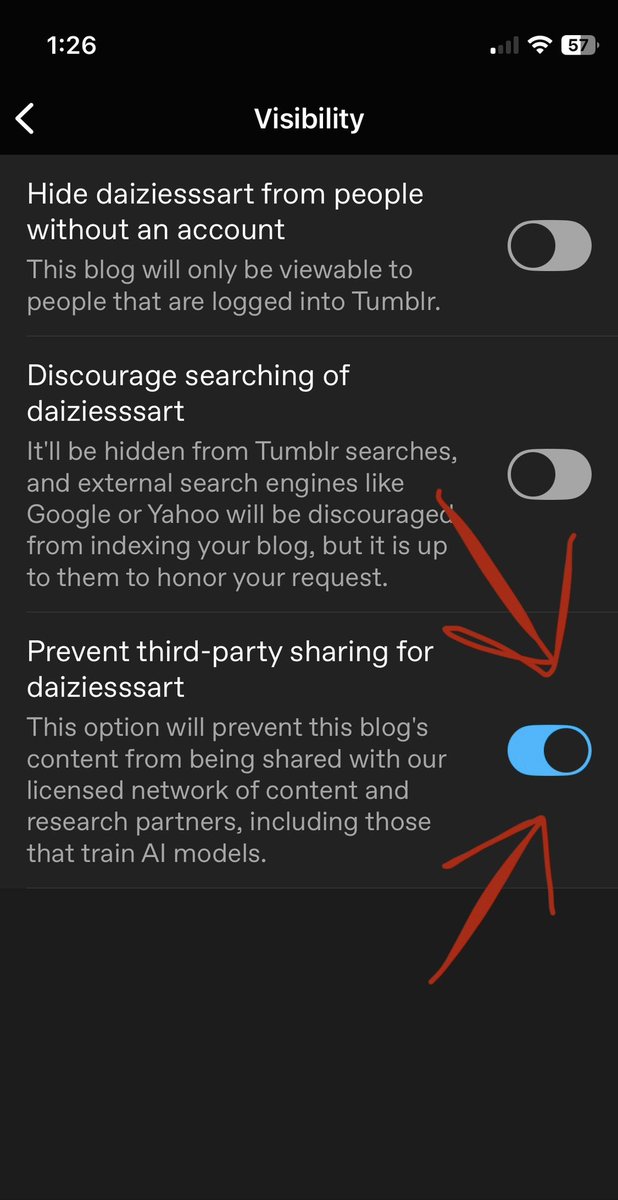 if you post art (or any type of work, really) on tumblr and your don’t want your content to be used to train AI, tumblr makes users consent to it by default, so you have to manually turn it off here: