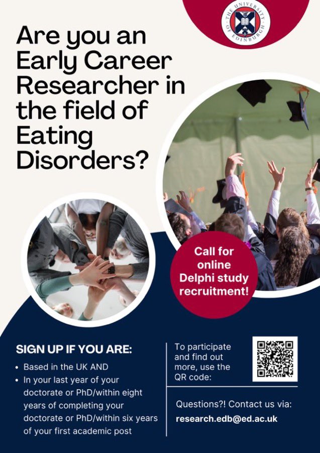 The network is looking to conduct a Delphi study exploring by experiences of being an ECR in the UK in field of eating disorder to try better understand ECRs experiences, concerns, needs and goals! To register interest the survey is here edinburgh.eu.qualtrics.com/jfe/form/SV_3k…