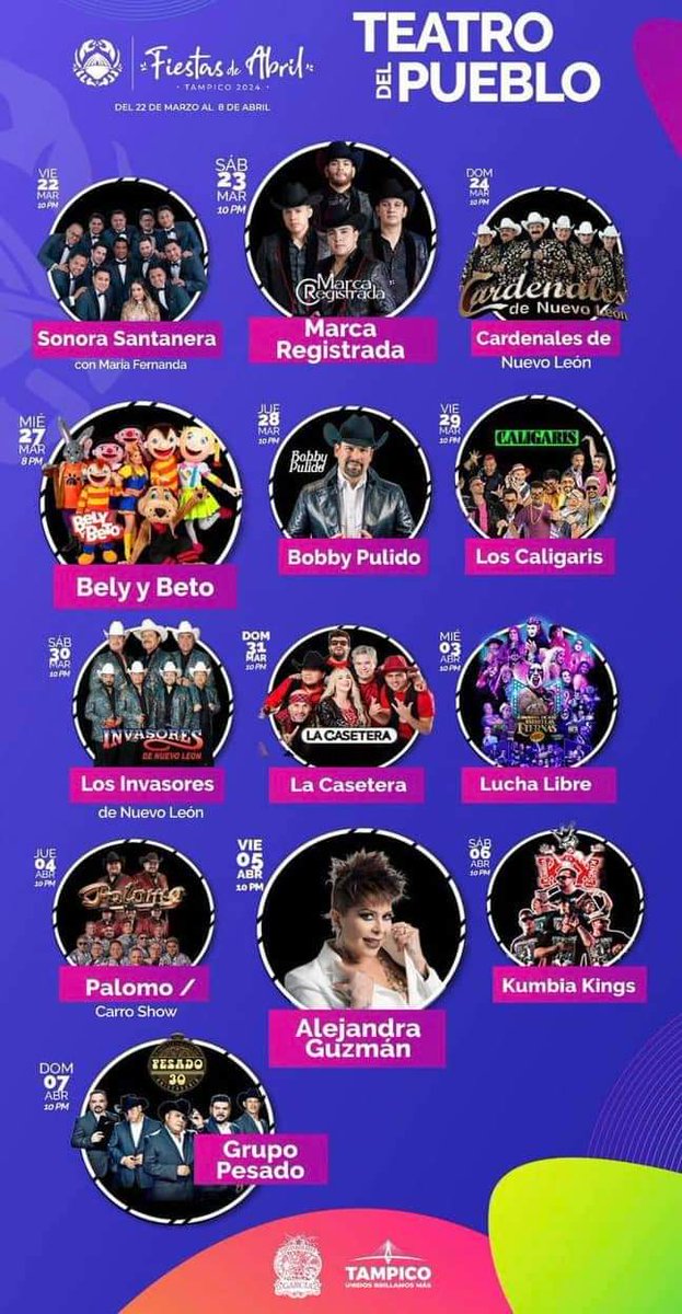 megapopmx's tweet photo. 🎶🎙️ Te compartimos la cartelera oficial de la Feria de Tampico 2024 donde destaca la presentación en concierto de @Al3jandraGuzman @GloriaTrevi @lajosa entre otros.

#Tampico https://t.co/wBCx4aakFB