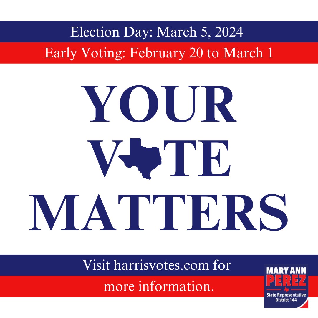 Do not forget that Friday is the last day to vote early! Visit harrisvotes.com for a sample ballot and vote center locations. #txlege #HD144