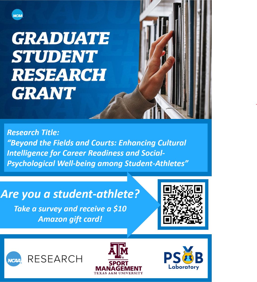 🚨Please share with students athletes

We are calling for D1-D3 student-athletes to participate in study to enhance student-athlete well-being. Students that complete the survey will receive $10!

Link: tamucehd.qualtrics.com/jfe/form/SV_00…

#NCAAResearch #StudentAthletes