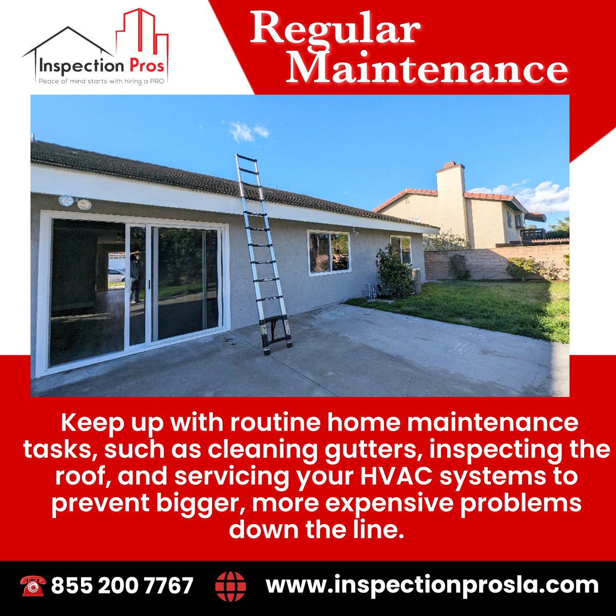 Stay ahead of costly repairs with regular home upkeep 🏡✨ from gutter cleaning to HVAC checks, and ensure your sanctuary remains perfect. 
🌐 inspectionprosla.com
#home  #homeowner #homeseller
 #HomeMaintenance #SaveBig #RoutineCare #realestateagent #realestateinvesting