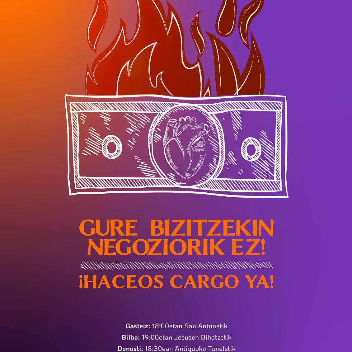*[Martxoak 8]*
*Gure bizitzekin negoziorik ez!*
*¡Haceos cargo ya!*

Ez ziren gutxi izan azaroaren 30ean kalera ateratzeko genituenarrazoiak....
Eta bide beretik jarraituz, martxoaren 8an ere kaleak hartzera goaz! 
*Adi hurrengo deialdietara*‼️