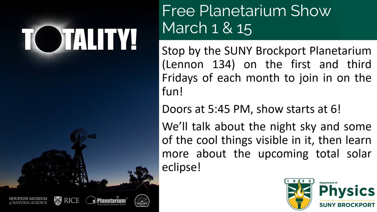 Just like that, it's already time for another @Brockport #planetarium show - this Friday! Come learn about the upcoming #RocEclipse2024 and the night sky!