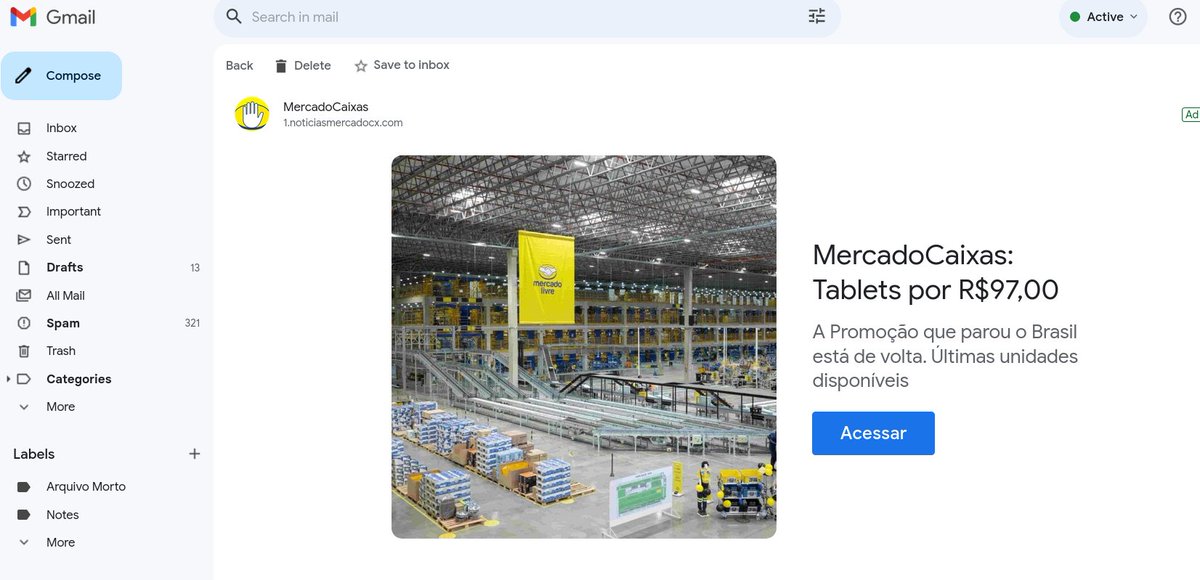 cmorais's tweet photo. Alô @MercadoLivre , tem uma conta se passando por vocês anunciando no @gmail . Eu reportei lá e eles nem nem, já apareceu de novo. Daqueles Scams clássicos. Dá uma olhada, por favor. https://t.co/NBIpcVWLFj