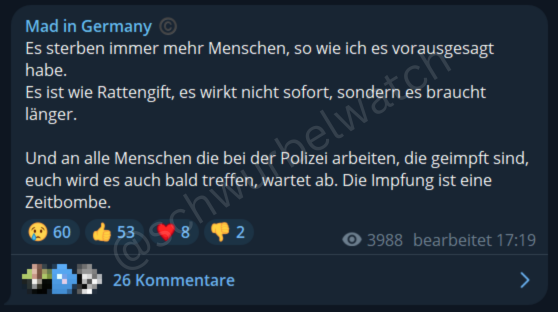 schwurbelwatch's tweet photo. Neuer Spin zu COVID19-Impfungen vom Twitch &amp; Amazon-Partner #MadinGermany, der quasi jeden Todesfall den Impfungen zuschreibt.

"Es ist wie Rattengift, es wirkt nicht sofort, sondern es braucht länger." und bald würde es Polizisten treffen.

Kurzer Thread.
https://t.co/wiiKprdmk3 https://t.co/qcNrxN4IiN