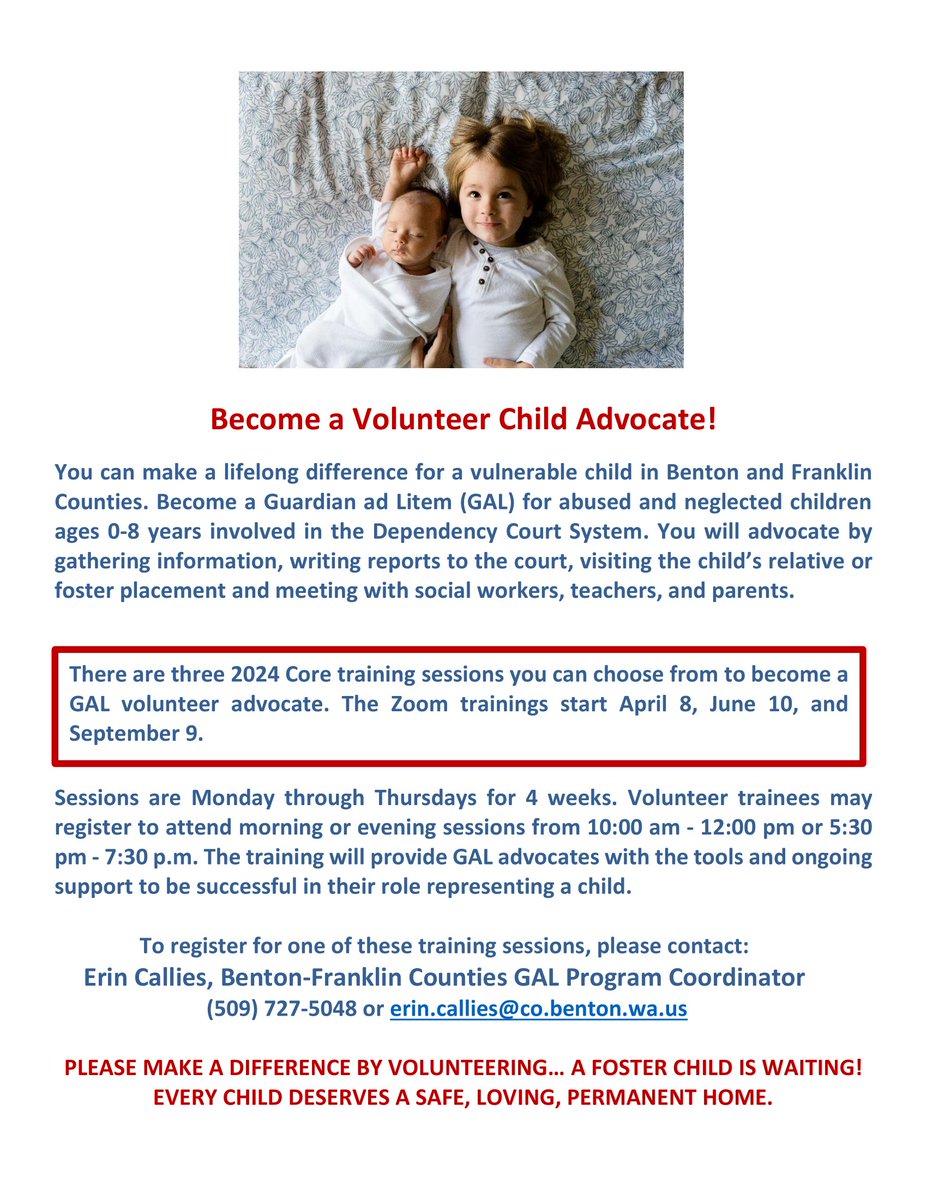 BenCoWAGov's tweet image. Here is your opportunity to help a local child in need.  Become a Guardian ad Litem, or GAL Volunteer.  Learn more by calling (509) 727-5048 or e-mail Erin.Callies@co.benton.wa.us

#bentoncountywa #FCStrong #ChildAdvocacy