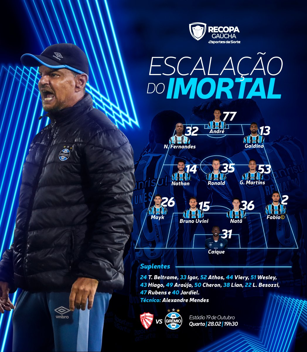 Gremio's tweet photo. 📋 ESCALAÇÃO DO IMORTAL!
[#PraCegoVer] [#PraTodosVerem] 
31 Caíque
2 Fabio (capitão)
36 Natã
15 Uvini
26 Maik
53 G. Martins
35 Ronald
14 Nathan
13 Galdino
32 Nathan Fernandes
77 André

RESERVAS
24 T. Beltrame, 33 Igor, 52 Athos, 44 Viery, 51 Wesley, 43 Hiago, 49 Araújo, 50 Cheron, 38 Lian, 22 L. Besozzi, 47 Rubens e 40 Jardiel. Técnico: Alexandre Mendes
🇪🇪 #SLUxGRE #RecopaGaúcha2024
