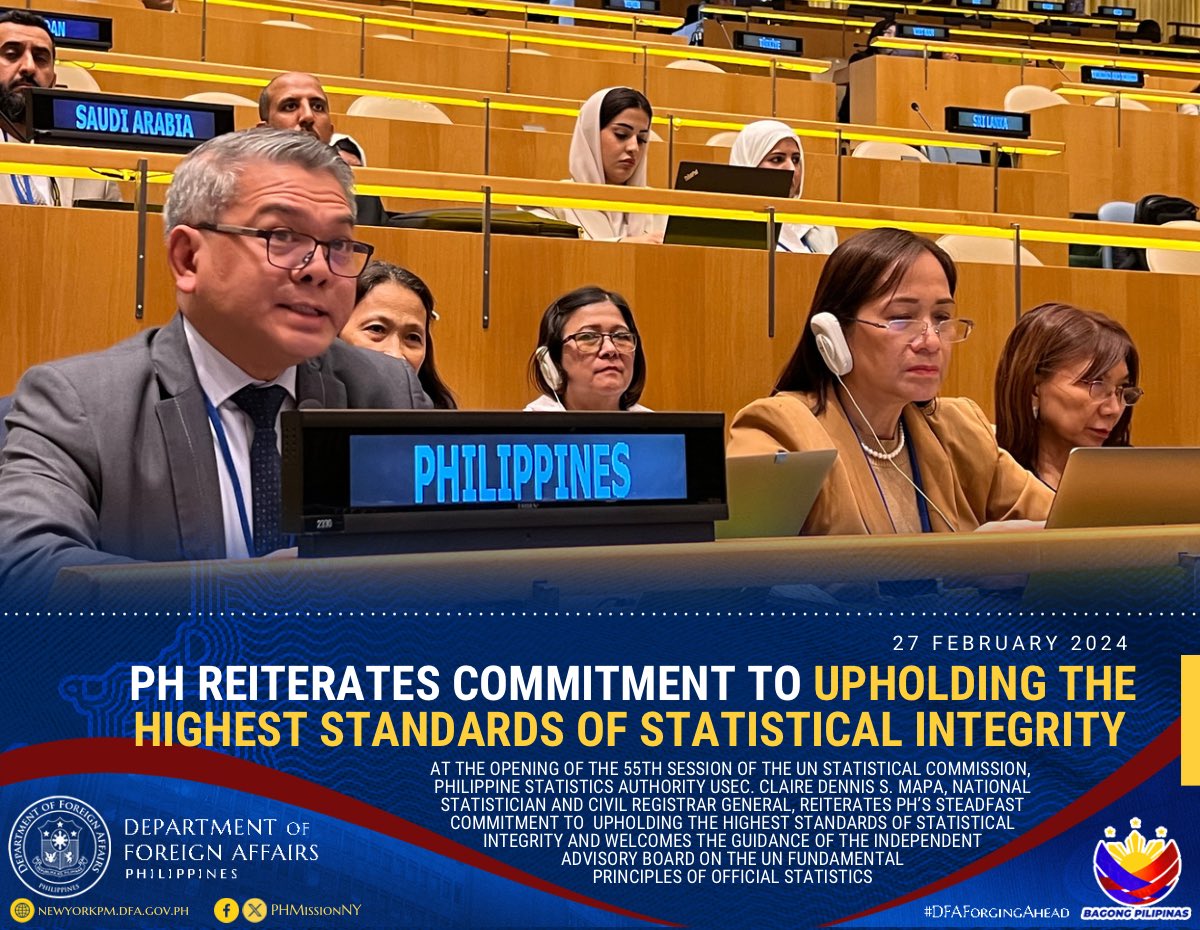 At the opening of the 55th Session of the UN Statistical Commission #UN55SC, Philippine Statistics Authority Usec. Claire Dennis S. Mapa delivers intervention on agenda item 3(a)- Fundamental Principles of Official Statistics. @DFAPHL @PSAgovph