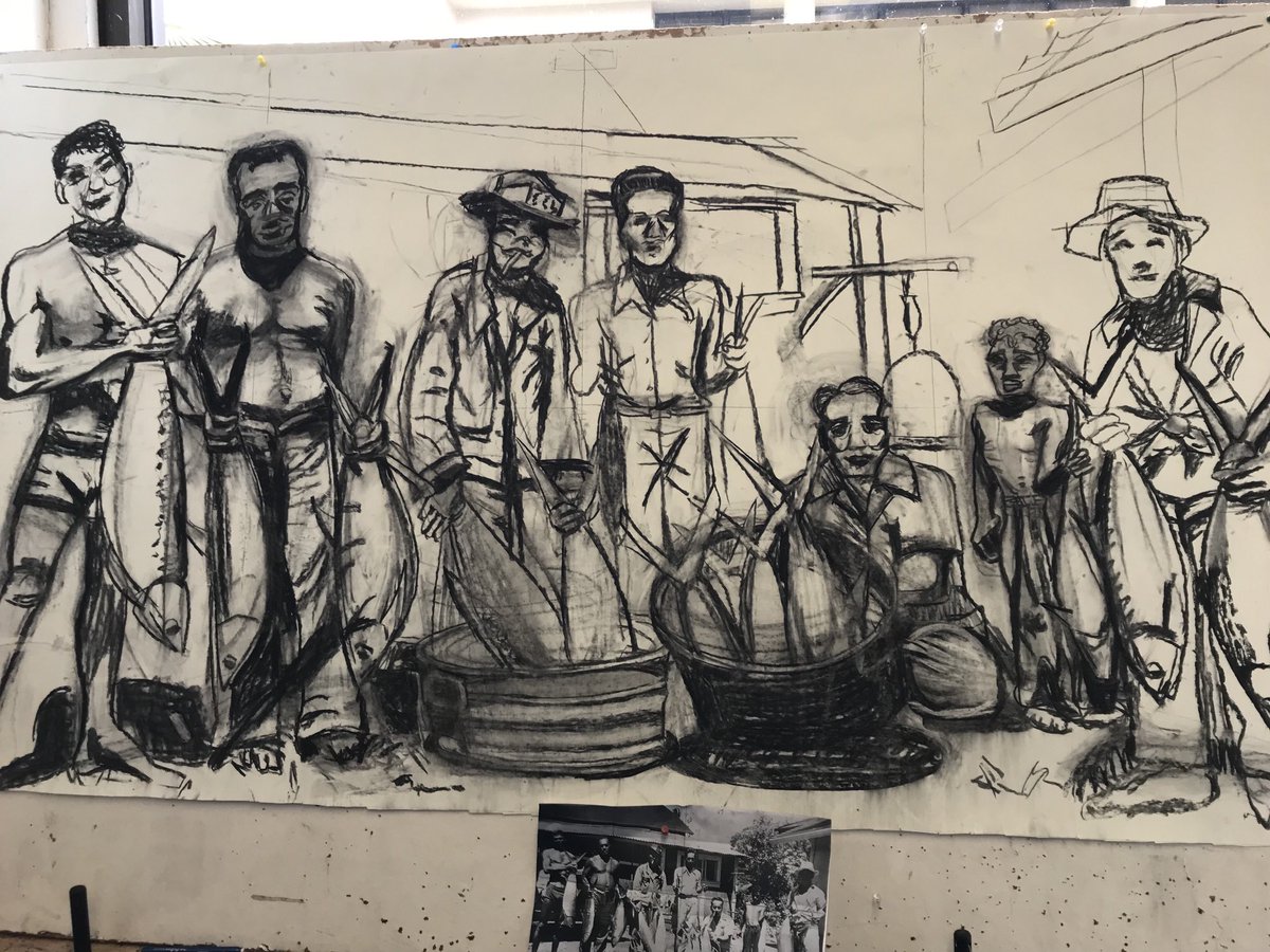 Rough sketch for a print I just finished, The ILWU Fishing Committee of the Great Sugar Strike of 1946. They fed 60,000+ people for over 2 months, leading to the first victory over plantation oligarchy in Hawai`i. Exhibit of this series opens this Sunday, UH gallery, 2 pm.