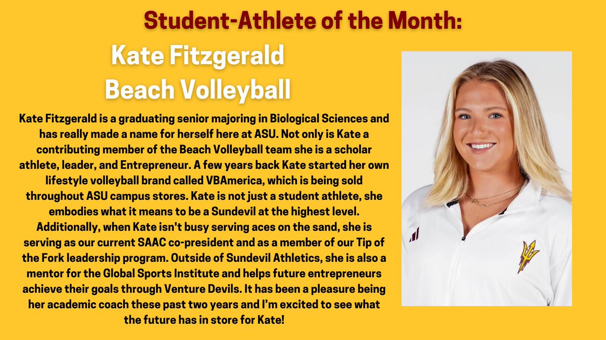 Our final shoutout this month is to our High Achieving Female Student-Athlete of the Month, Kate Fitzgerald from @SunDevilBeachVB! Kate is a leader in the classroom and embodies Sun Devil Spirit in all that she does. Congrats! @TheSunDevils #O2V!