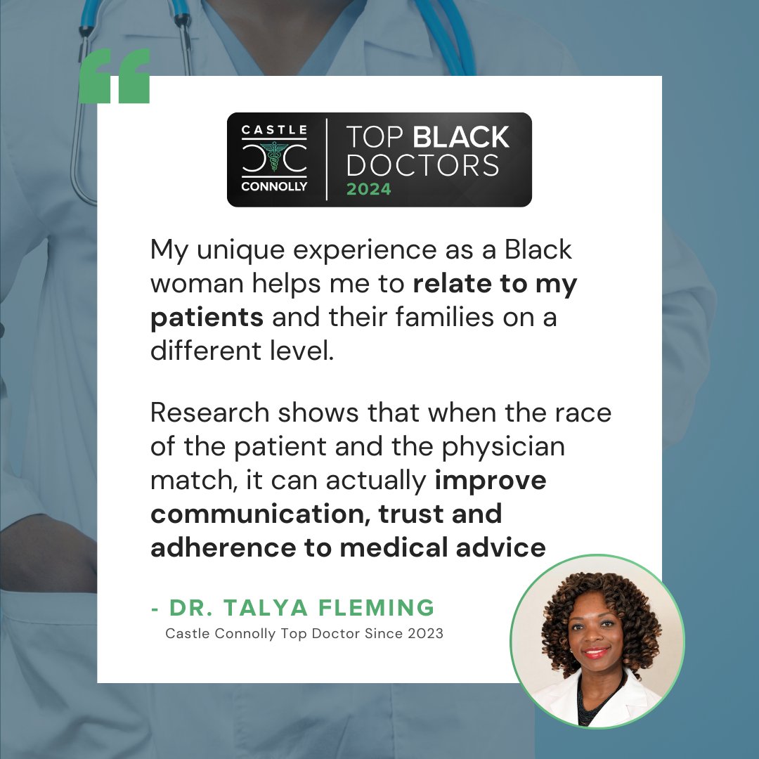 Dr. @TalyaFlemingMD shares how her background as a Black woman enhances her ability to connect with patients and families on a deeper, more meaningful level. castleconnolly.com/topics/top-doc…