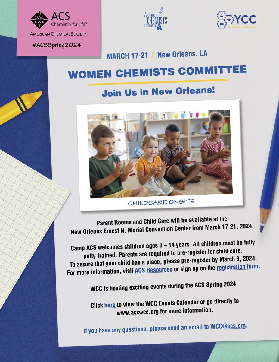 Parent Rooms and Child Care will be available at the New Orleans ACS meeting. Please email WCC@acs.org if you have any questions and click the link below to register. ow.ly/Ezo250QFGyO