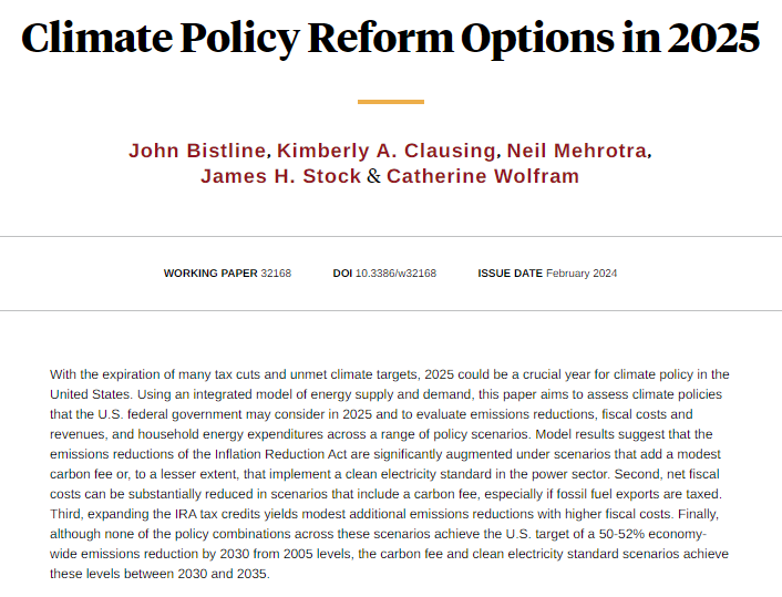 US CO2 emissions are not on track to achieve the 2030 target, but augmenting current law with a modest carbon tax would nearly do so, and would also raise substantial revenue, from Bistline, @KClausing, @neilmehrotra, Stock, and Wolfram nber.org/papers/w32168